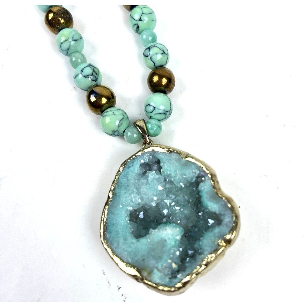 Druzy Geode Pendant Beaded Necklace Statement Sage Green Boho Chic Southwestern